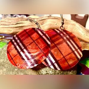 Hand Painted Capiz Shell Earrings Red Plaid|Large Lightweight Statement|Autumn